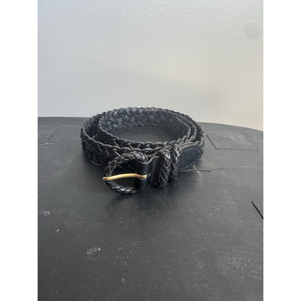 VTG Talbots Black Leather Belt Women's Woven‎ Loop Braided Oval Buckle S 6120